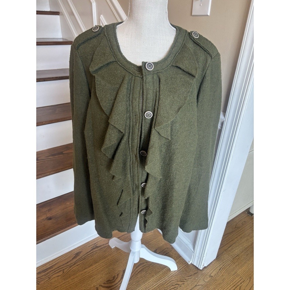 Chicos Jacket Boiled Wool Blend XL Forest Fairy Ruffle Romantic Boho Olive Nwt‎